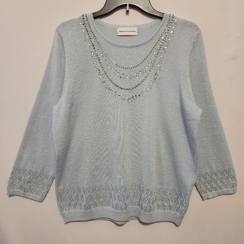 Alfred Dunner Sparkly Knit Metallic Light Blue Jeweled Neck Lightweight Sweater